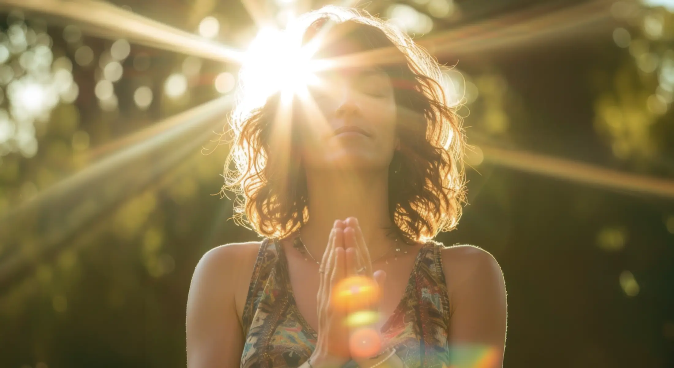 Mujer con los ojos cerrados bajo la luz del sol